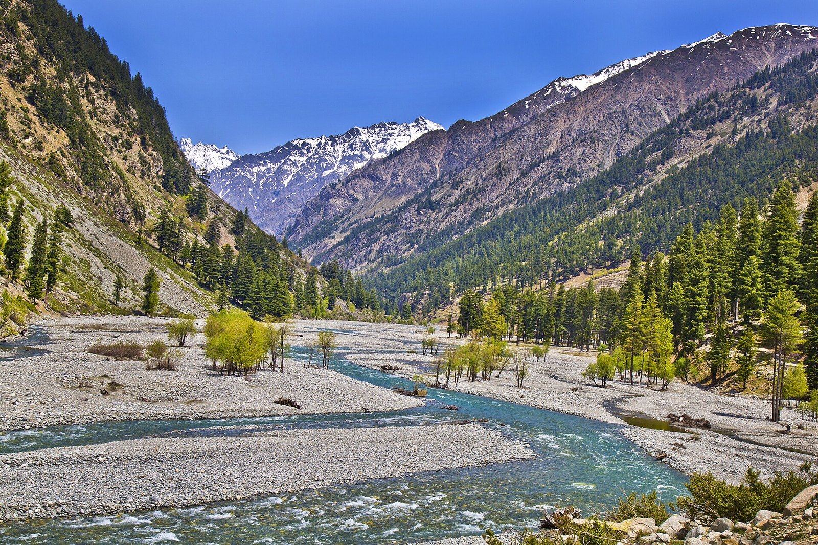 The Swat river winding through a wide stony valley between forested mountains and snow peaks